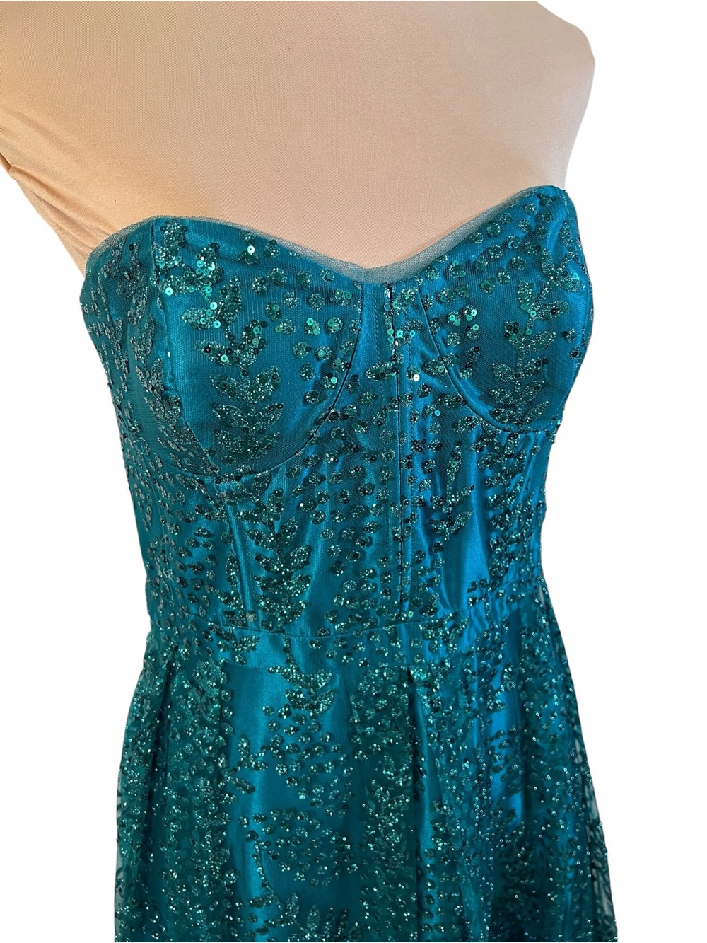 Vintage Blondie Nites Teal Sequin Glitter Mesh Strapless Prom Gown Junior 13